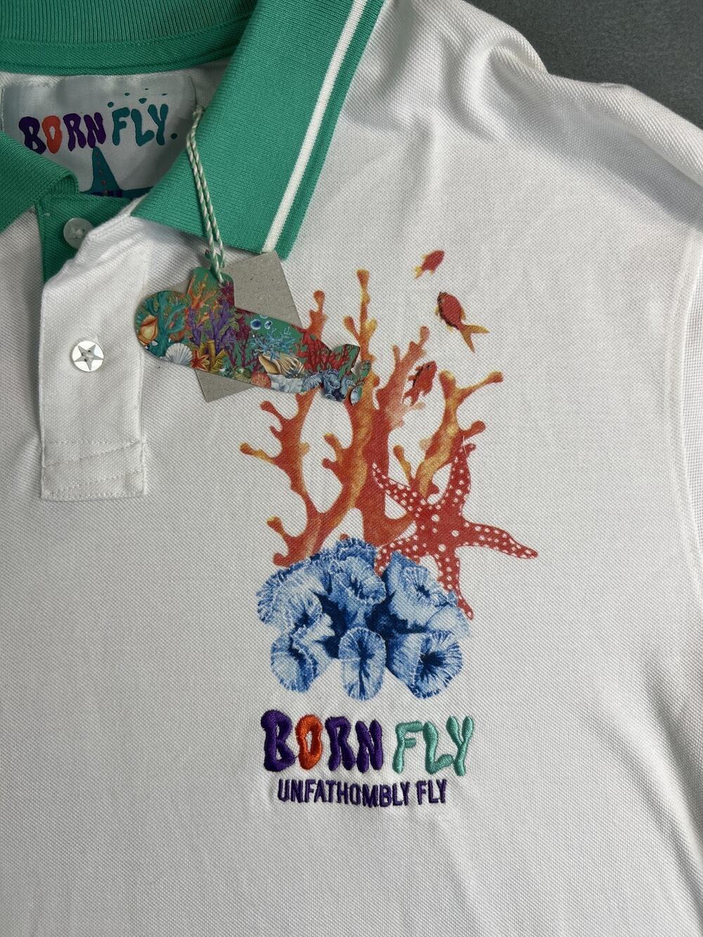 Born Fly Ocean Graphic Polo Shirt - White Green Trim Short Sleeve Size 2XL